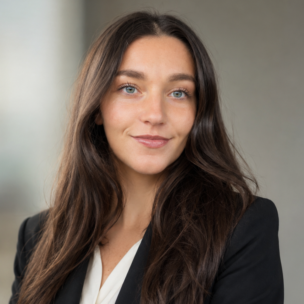 Image of Julia Steiger, MFT Intern at Open Minded Marriage and Family Therapy, PLLC, wearing a black blazer and white v-neck blouse as she sits and smiles for the camera.